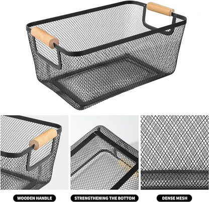 Set of 3 Metal Storage Mesh Baskets with Wood Handle